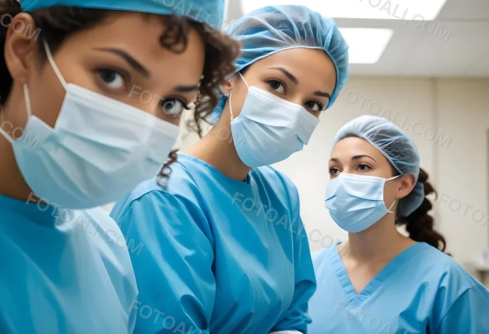 Two Mixed Race Women Average Age 30 Wearing Surgical Masks And Blue Gowns In A Hospital 2 D6dd