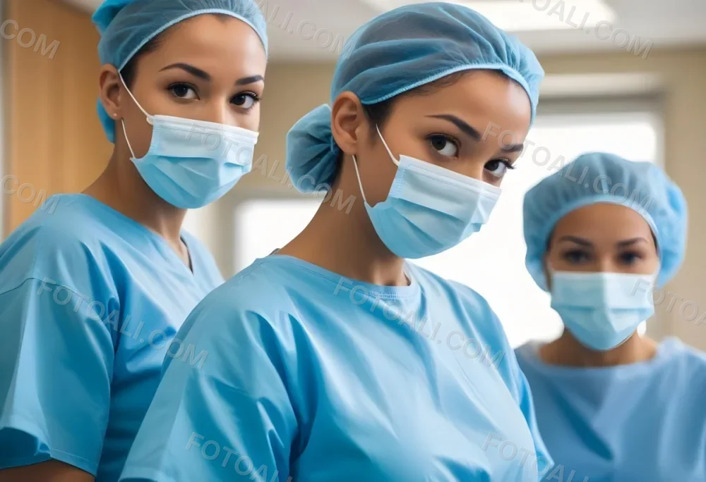 Two Mixed Race Women Average Age 30 Wearing Surgical Masks And Blue Gowns In A Hospital 3 1f9f