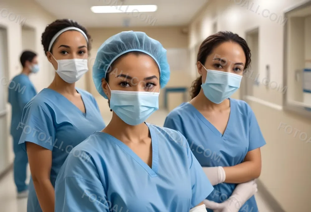Two Mixed Race Women Average Age 30 Wearing Surgical Masks And Blue Gowns In A Hospital 4 7a16