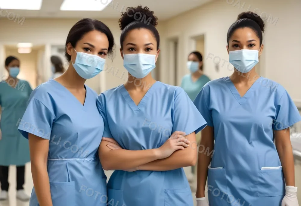 Two Mixed Race Women Average Age 30 Wearing Surgical Masks And Blue Gowns In A Hospital 5 3414