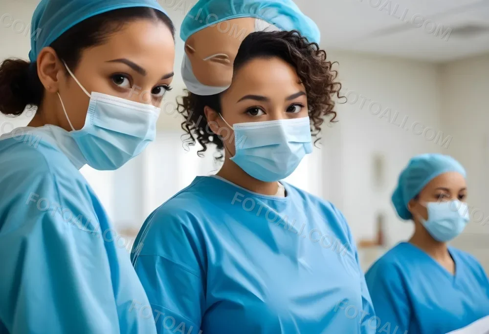 Two Mixed Race Women Average Age 30 Wearing Surgical Masks And Blue Gowns In A Hospital 6 5bb4