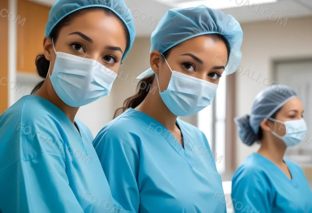 Two Mixed Race Women Average Age 30 Wearing Surgical Masks And Blue Gowns In A Hospital 8 Cca4