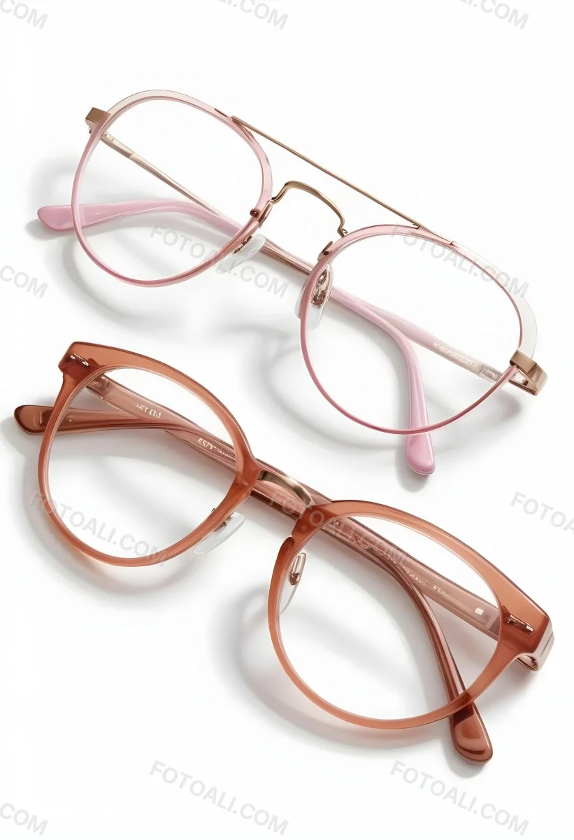 Two Pairs Of Eyeglasses With Pink And Brown Frames On A White Background 2 Eefe