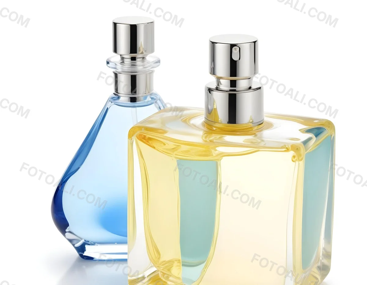 Two Perfume Bottles One With A Blue Liquid And The Other With A White Liquid White Background 22 5a86