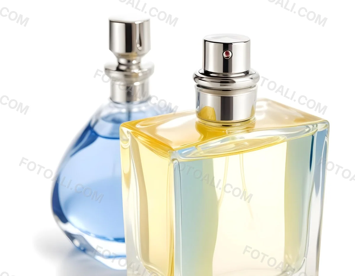 Two Perfume Bottles One With A Blue Liquid And The Other With A White Liquid White Background 26 7877