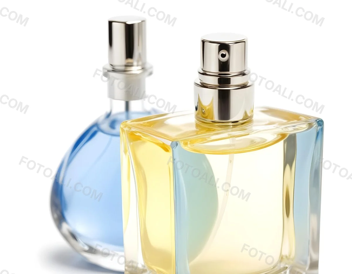 Two Perfume Bottles One With A Blue Liquid And The Other With A White Liquid White Background 28 Ae67