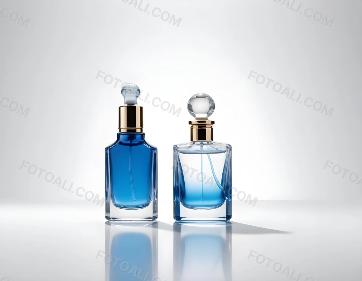 Two Perfume Bottles One With A Blue Liquid And The Other With A White Liquid White Background 4 Eed6