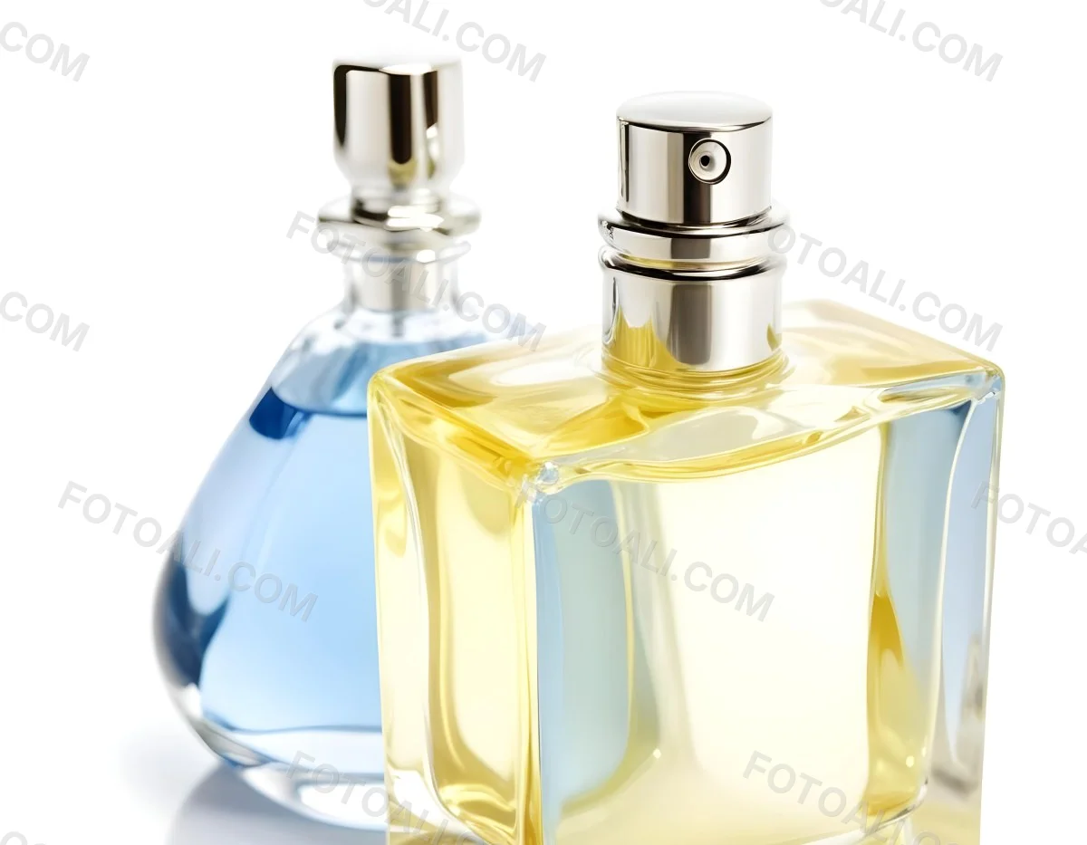 Two Perfume Bottles One With A Blue Liquid And The Other With A White Liquid White Background 7 Af21
