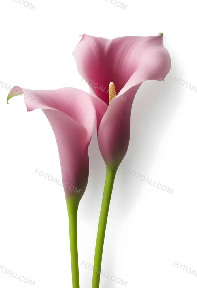 Two Pink Calla Lilies With Green Stems Against A White Background 12 7e66