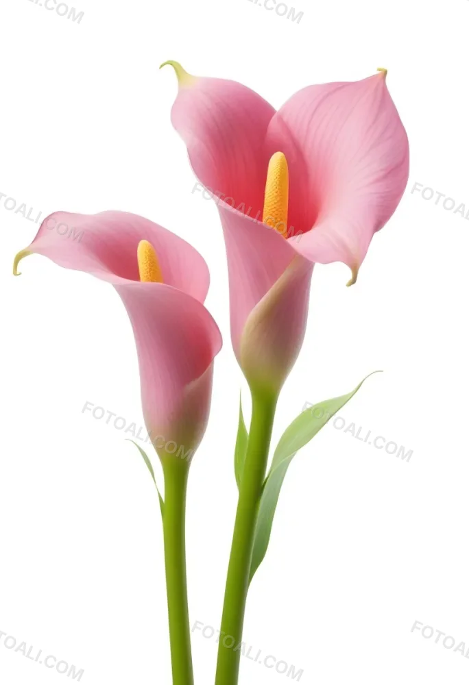 Two Pink Calla Lilies With Green Stems Against A White Background 20 125e