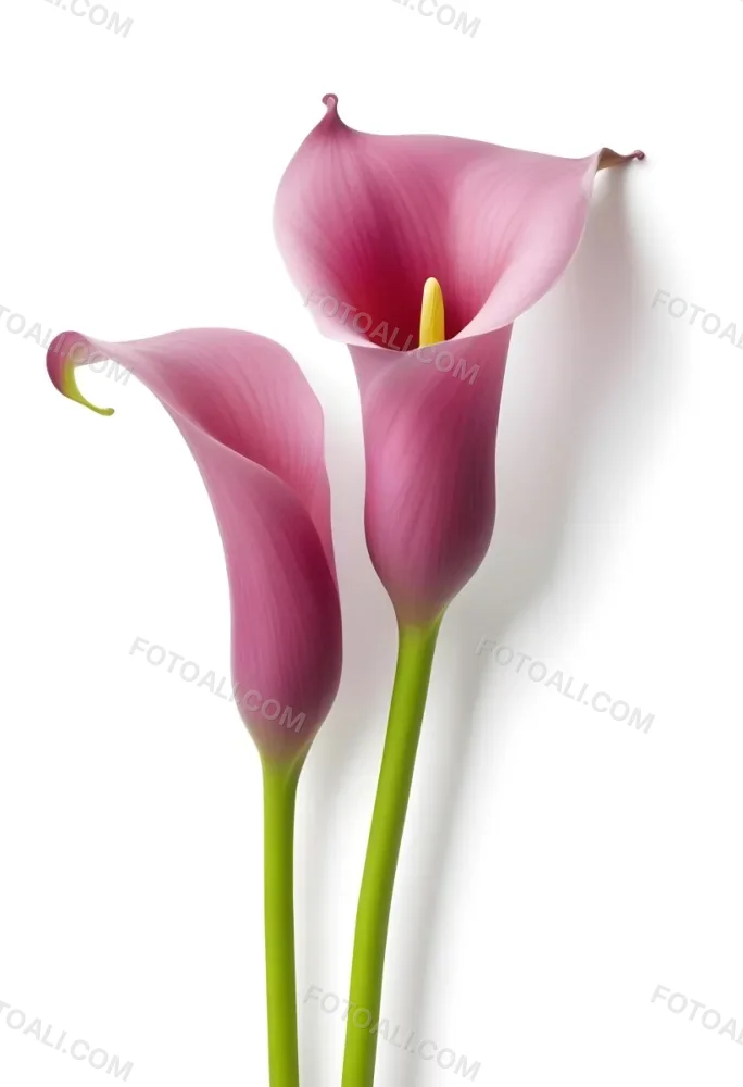 Two Pink Calla Lilies With Green Stems Against A White Background 24 8361