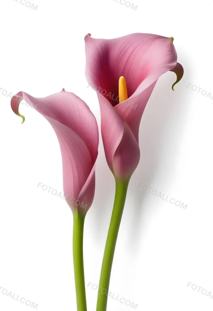 Two Pink Calla Lilies With Green Stems Against A White Background 27 A1a1