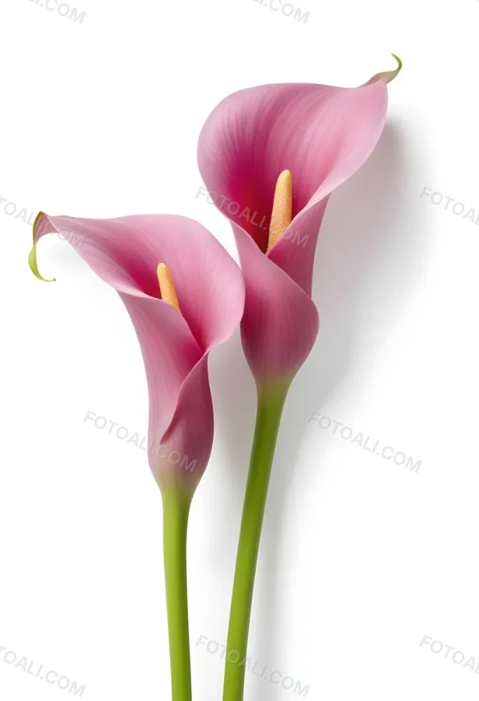 Two Pink Calla Lilies With Green Stems Against A White Background 28 5d27