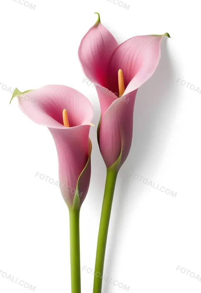 Two Pink Calla Lilies With Green Stems Against A White Background 31 1ba9