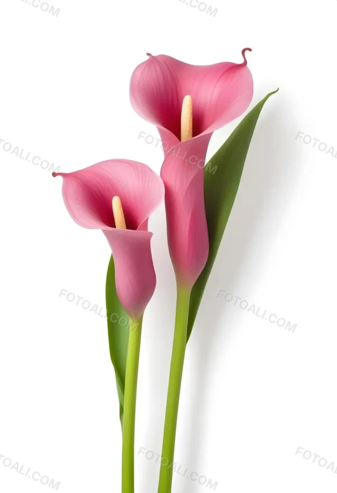 Two Pink Calla Lilies With Green Stems Against A White Background 4 41fe