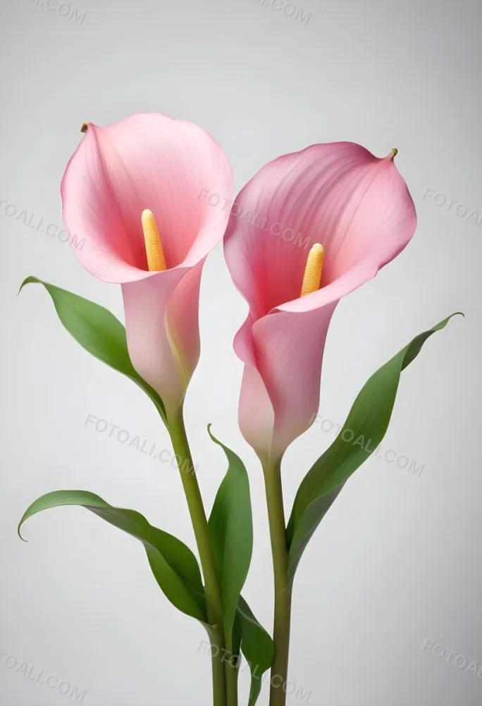 Two Pink Calla Lilies With Green Stems Against A White Background 6 5f80