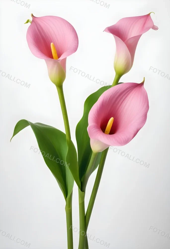 Two Pink Calla Lilies With Green Stems Against A White Background 7 F1fd