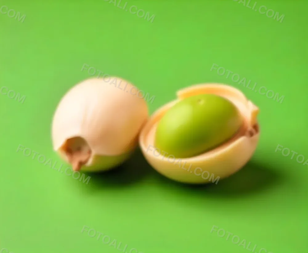 Two Pistachios One Closed And One Open Revealing The Green Nut Inside On A Green Background 1 76c1