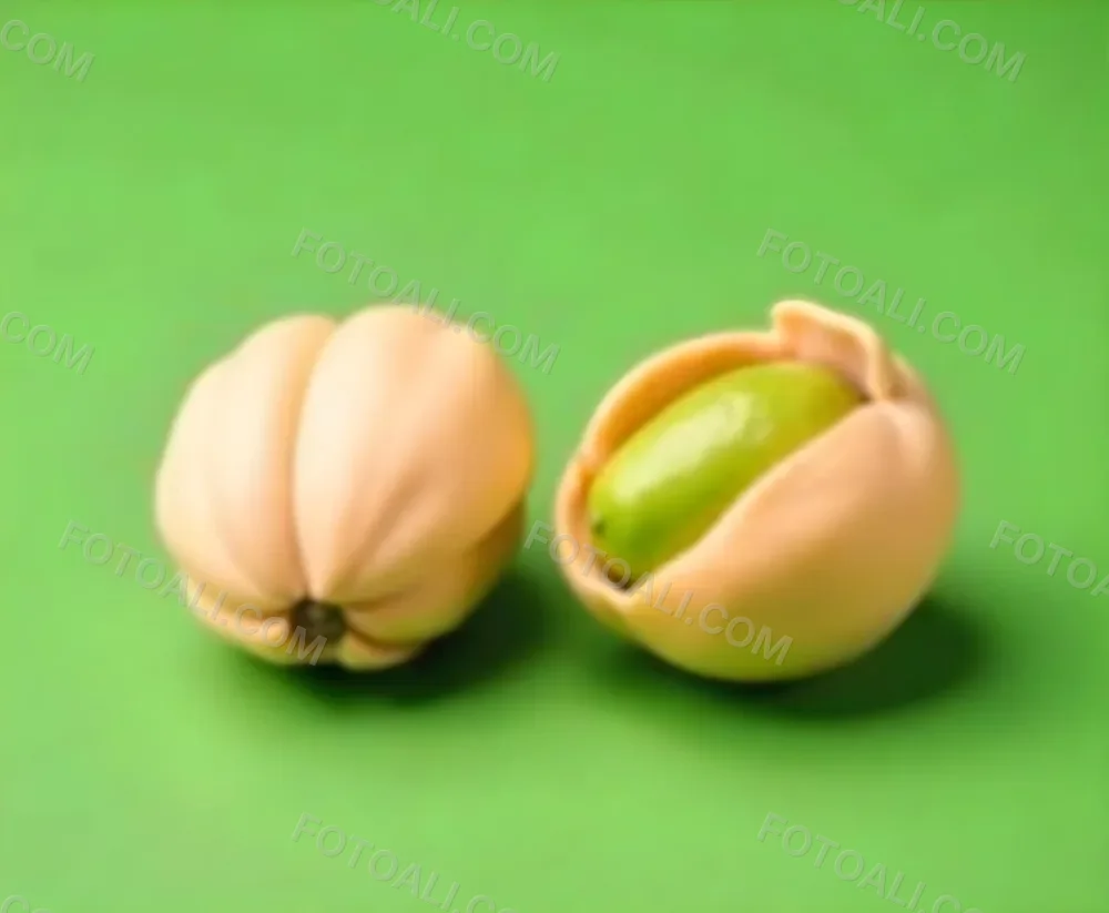 Two Pistachios One Closed And One Open Revealing The Green Nut Inside On A Green Background 15 4a31