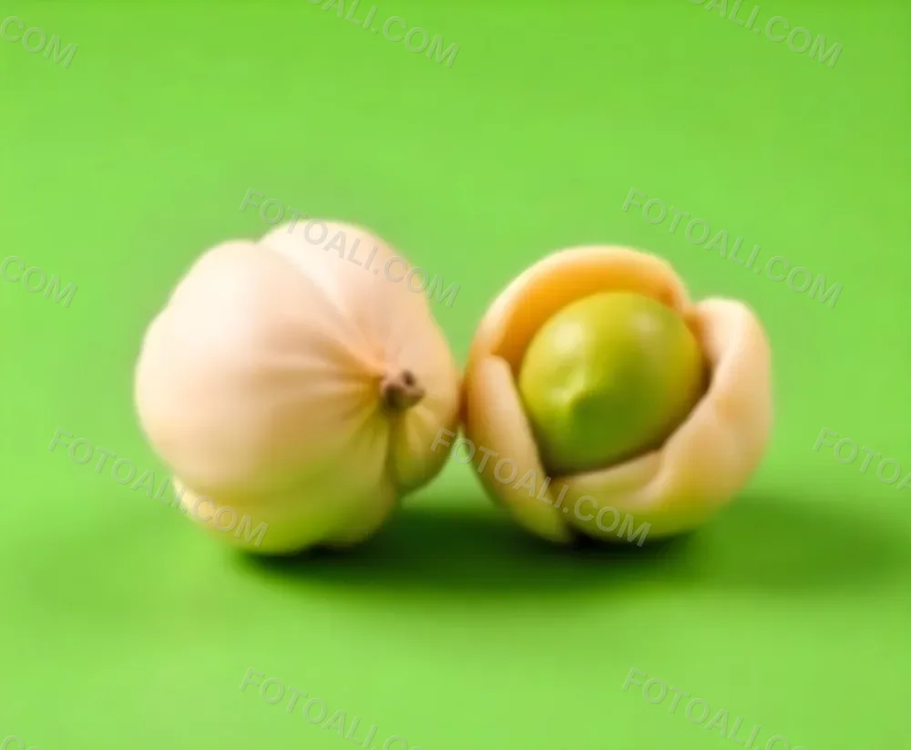 Two Pistachios One Closed And One Open Revealing The Green Nut Inside On A Green Background 37 E04b