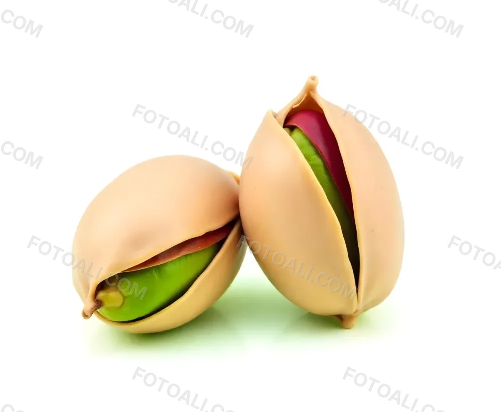 Two Pistachios One Closed And One Open Revealing The Green Nut Inside On A Green Background 39 1271