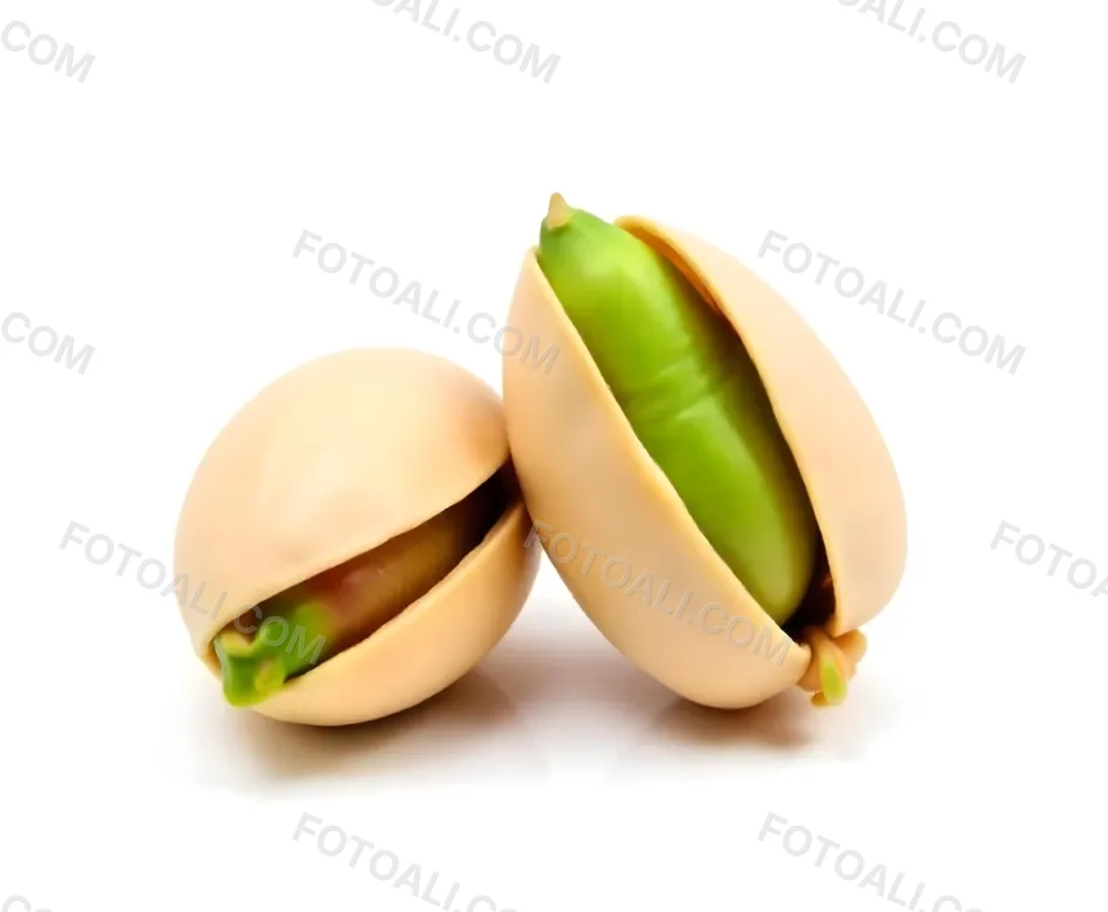 Two Pistachios One Closed And One Open Revealing The Green Nut Inside On A Green Background 41 5bac
