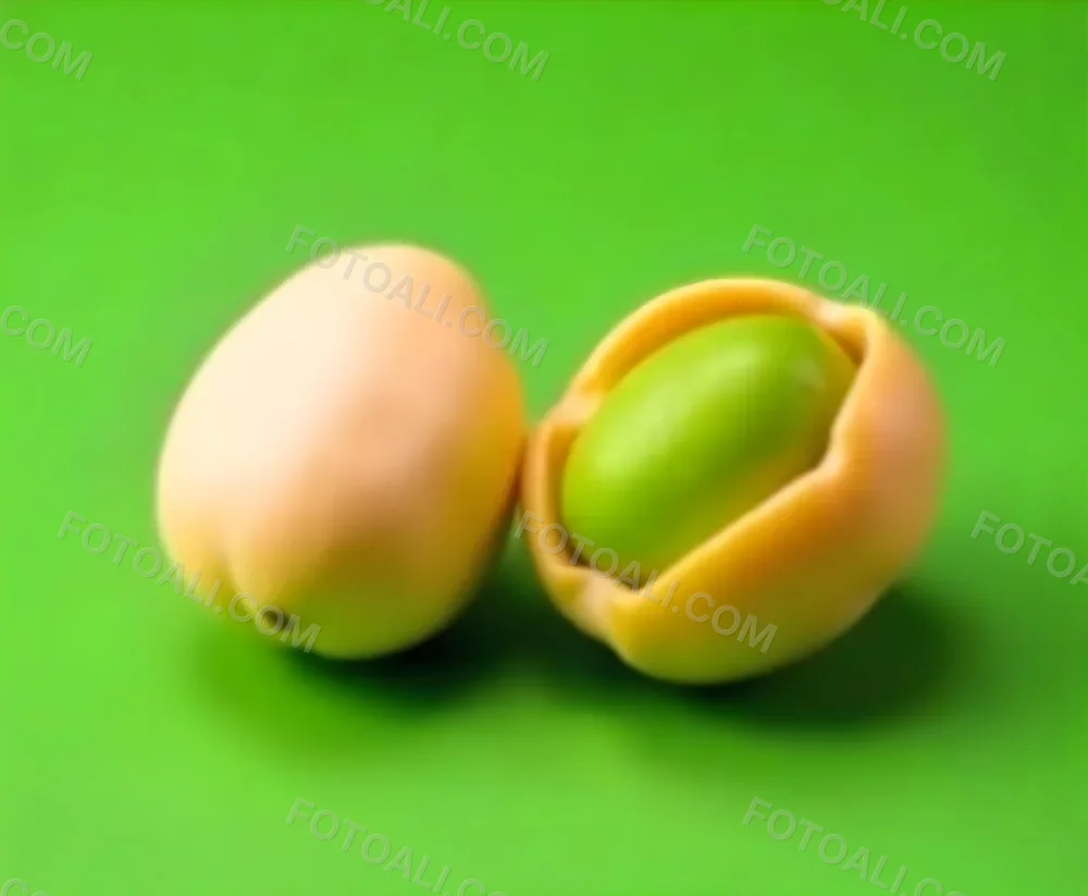 Two Pistachios One Closed And One Open Revealing The Green Nut Inside On A Green Background 42 4fb5