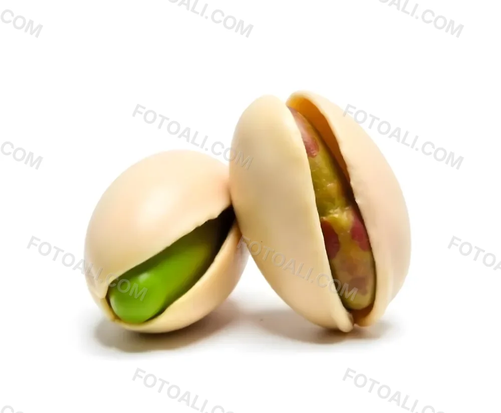 Two Pistachios One Closed And One Open Revealing The Green Nut Inside On A Green Background 43 Bf5e