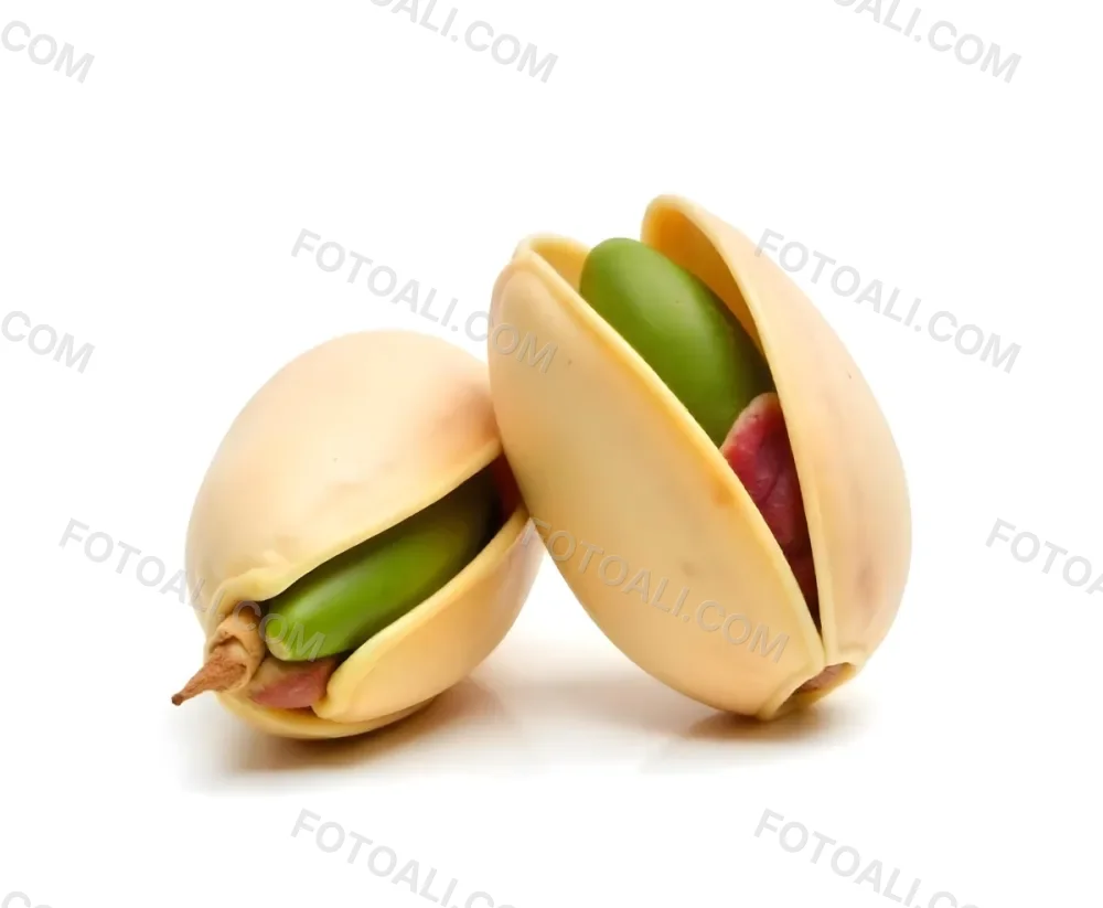Two Pistachios One Closed And One Open Revealing The Green Nut Inside On A Green Background 45 85f6