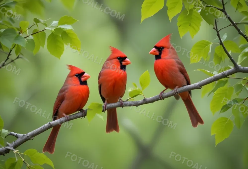 Two Red Cardinals Perched On A Tree Branch With Green Leaves 31 9bb4