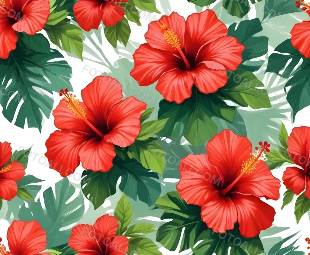 Two Red Hibiscus Flowers On A Green Brush Stroke White Background Vibrant Colors Tropical Theme Floral Design Botanical Illustration Decorative Element Nature Inspired Art 13 50e4