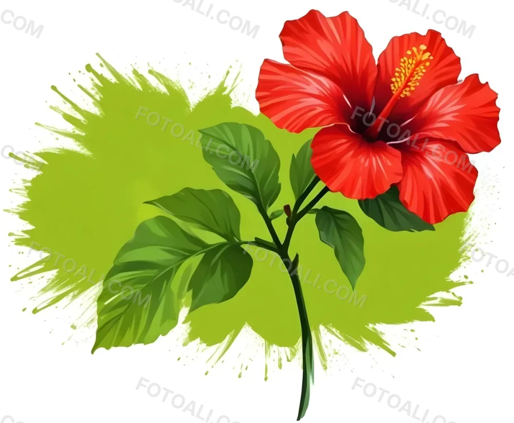 Two Red Hibiscus Flowers On A Green Brush Stroke White Background Vibrant Colors Tropical Theme Floral Design Botanical Illustration Decorative Element Nature Inspired Art 25 81e0