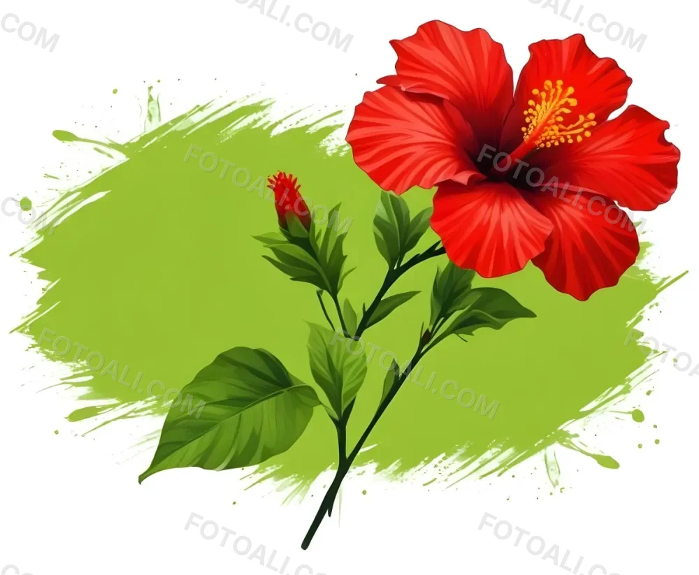 Two Red Hibiscus Flowers On A Green Brush Stroke White Background Vibrant Colors Tropical Theme Floral Design Botanical Illustration Decorative Element Nature Inspired Art 30 67cf