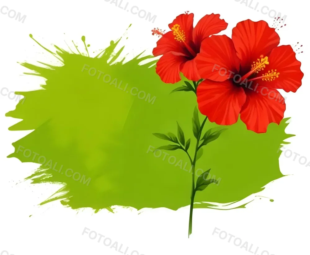 Two Red Hibiscus Flowers On A Green Brush Stroke White Background Vibrant Colors Tropical Theme Floral Design Botanical Illustration Decorative Element Nature Inspired Art 35 7e6c