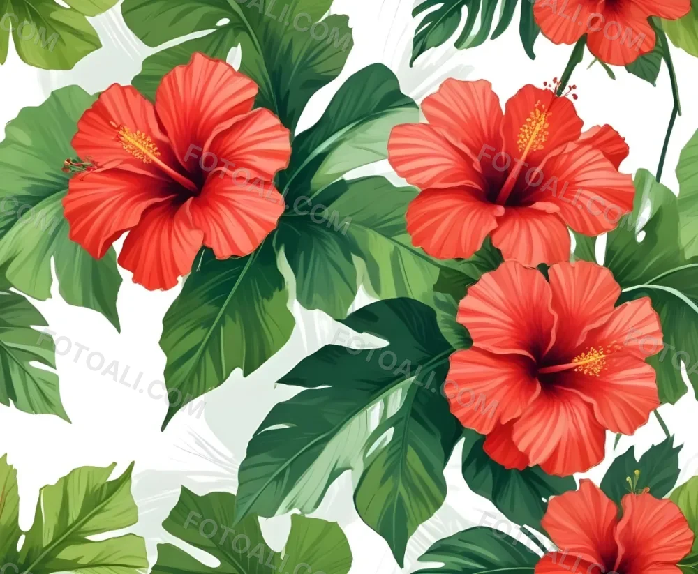 Two Red Hibiscus Flowers On A Green Brush Stroke White Background Vibrant Colors Tropical Theme Floral Design Botanical Illustration Decorative Element Nature Inspired Art 36 Ddab