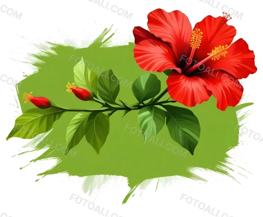 Two Red Hibiscus Flowers On A Green Brush Stroke White Background Vibrant Colors Tropical Theme Floral Design Botanical Illustration Decorative Element Nature Inspired Art 38 Aa64
