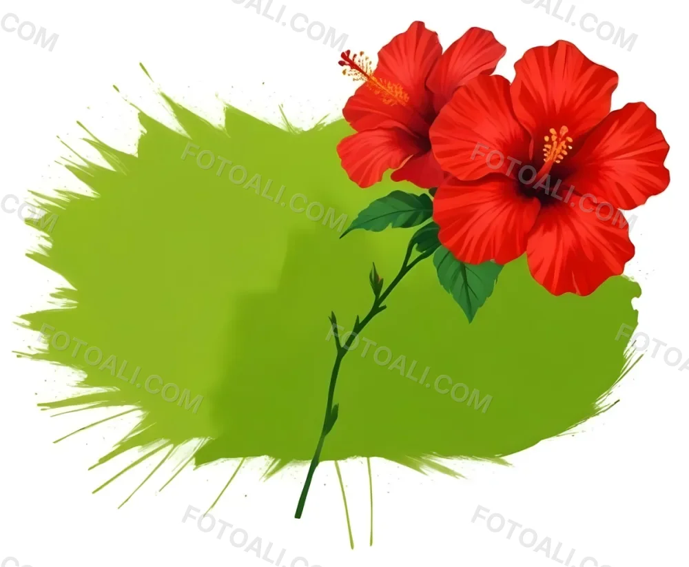 Two Red Hibiscus Flowers On A Green Brush Stroke White Background Vibrant Colors Tropical Theme Floral Design Botanical Illustration Decorative Element Nature Inspired Art 39 8f7d