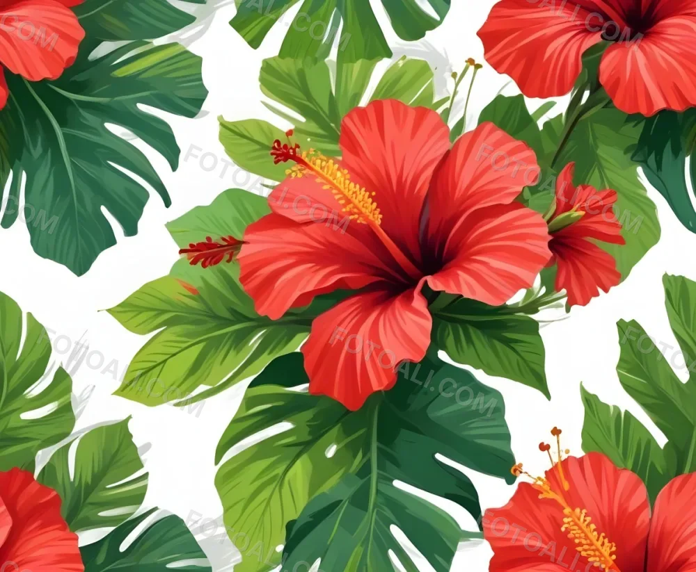 Two Red Hibiscus Flowers On A Green Brush Stroke White Background Vibrant Colors Tropical Theme Floral Design Botanical Illustration Decorative Element Nature Inspired Art 4 7175