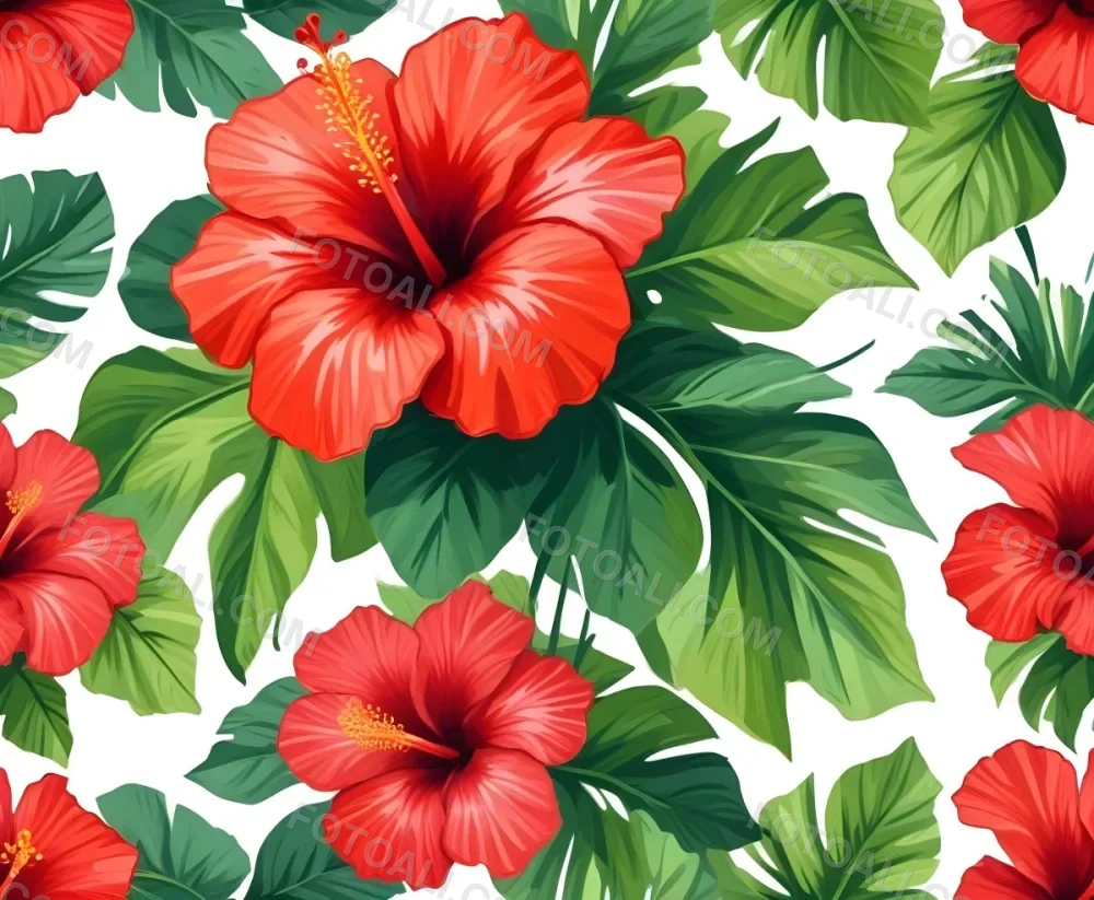 Two Red Hibiscus Flowers On A Green Brush Stroke White Background Vibrant Colors Tropical Theme Floral Design Botanical Illustration Decorative Element Nature Inspired Art 5 0a0c