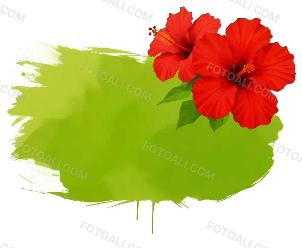 Two Red Hibiscus Flowers On A Green Brush Stroke White Background Vibrant Colors Tropical Theme Floral Design Botanical Illustration Decorative Element Nature Inspired Art 6 0927