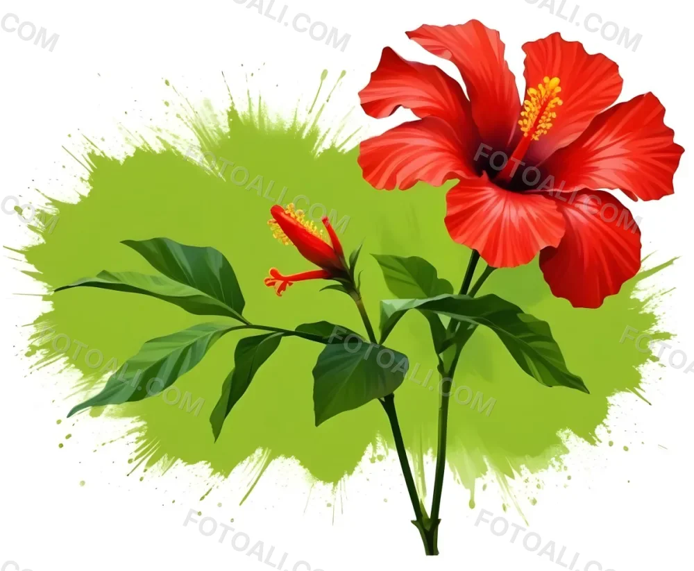 Two Red Hibiscus Flowers On A Green Brush Stroke White Background Vibrant Colors Tropical Theme Floral Design Botanical Illustration Decorative Element Nature Inspired Art 7 0333