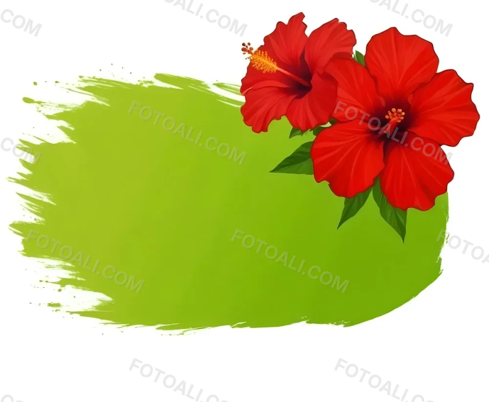 Two Red Hibiscus Flowers On A Green Brush Stroke White Background Vibrant Colors Tropical Theme Floral Design Botanical Illustration Decorative Element Nature Inspired Art 8 4bf4