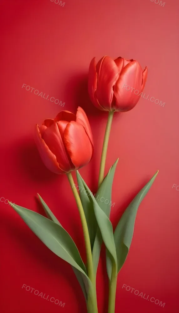 Two Red Tulips Against A Red Background 107 93d8