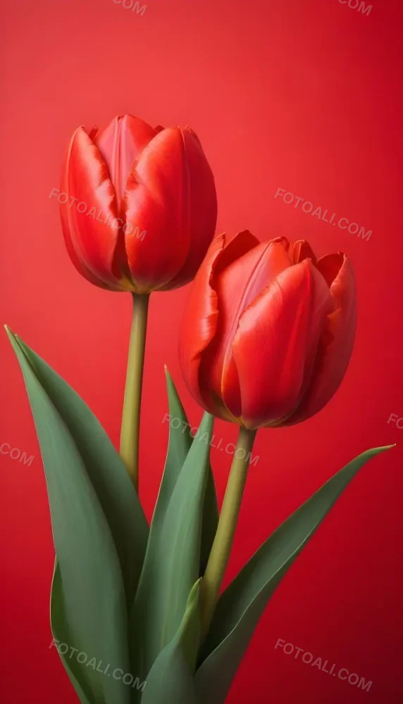 Two Red Tulips Against A Red Background 45 6d25