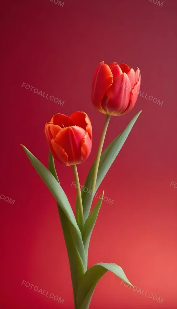 Two Red Tulips Against A Red Background 78 4f2a