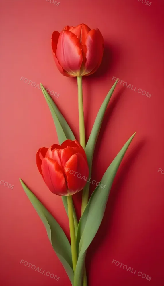 Two Red Tulips Against A Red Background 89 F899