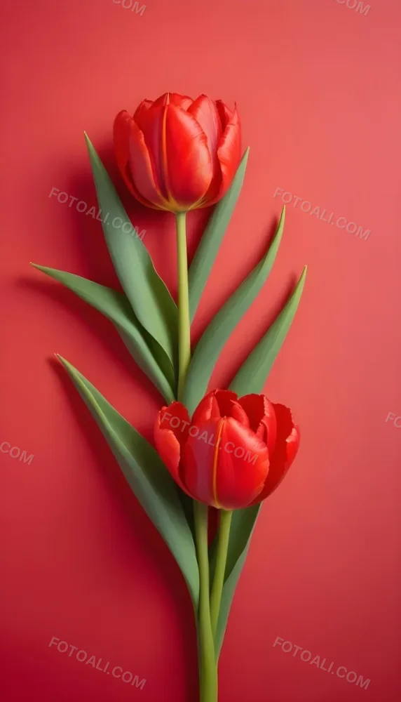 Two Red Tulips Against A Red Background 90 9f00