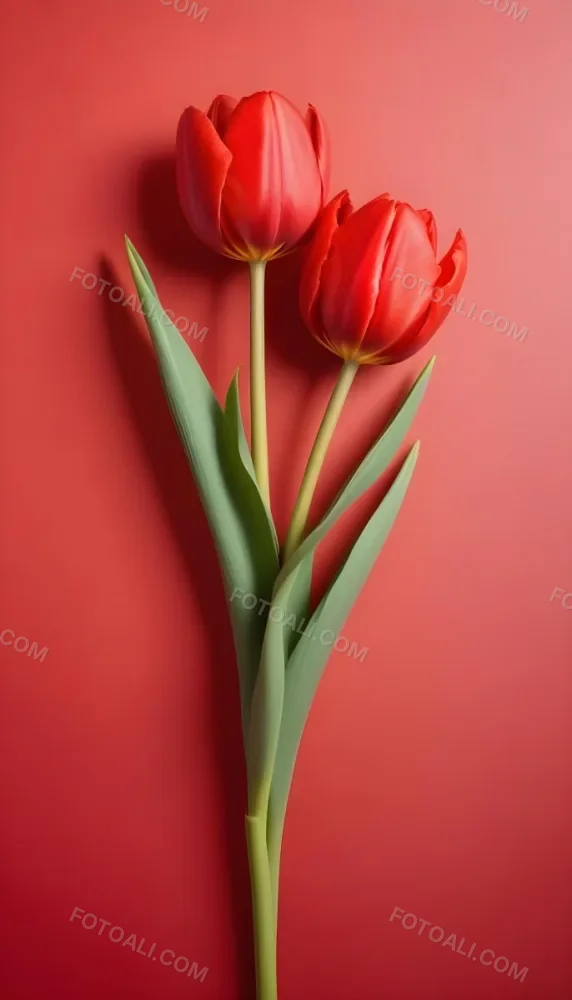 Two Red Tulips Against A Red Background 91 750a