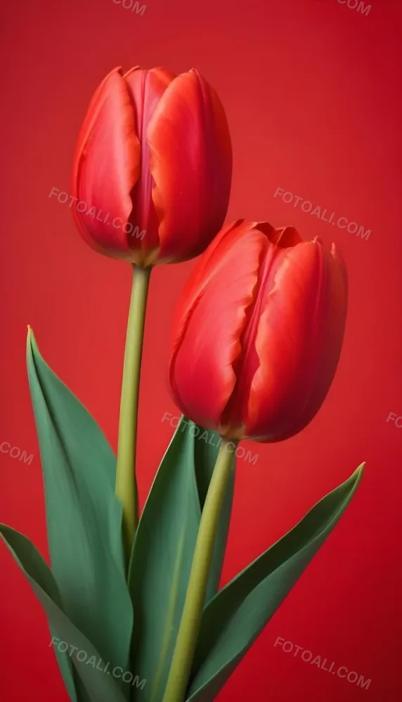 Two Red Tulips Against A Red Background 93 082b