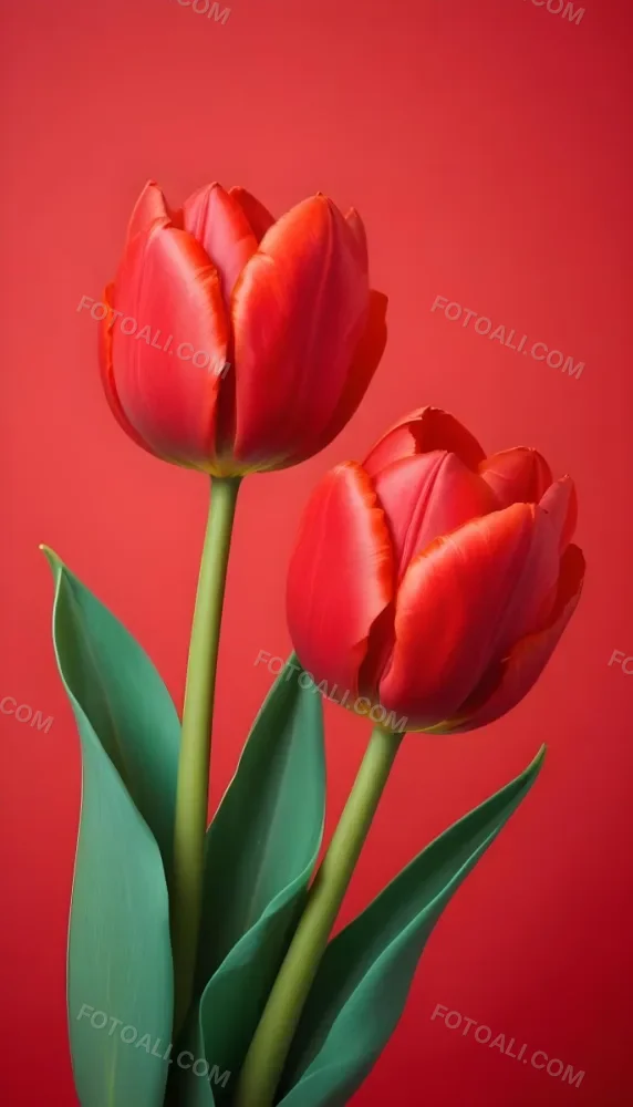 Two Red Tulips Against A Red Background 96 Ebfb